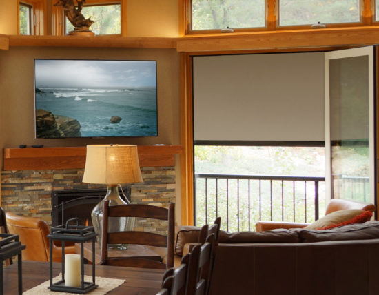 Oasis exterior blackout shades for indoor/outdoor tv media room with glass walls